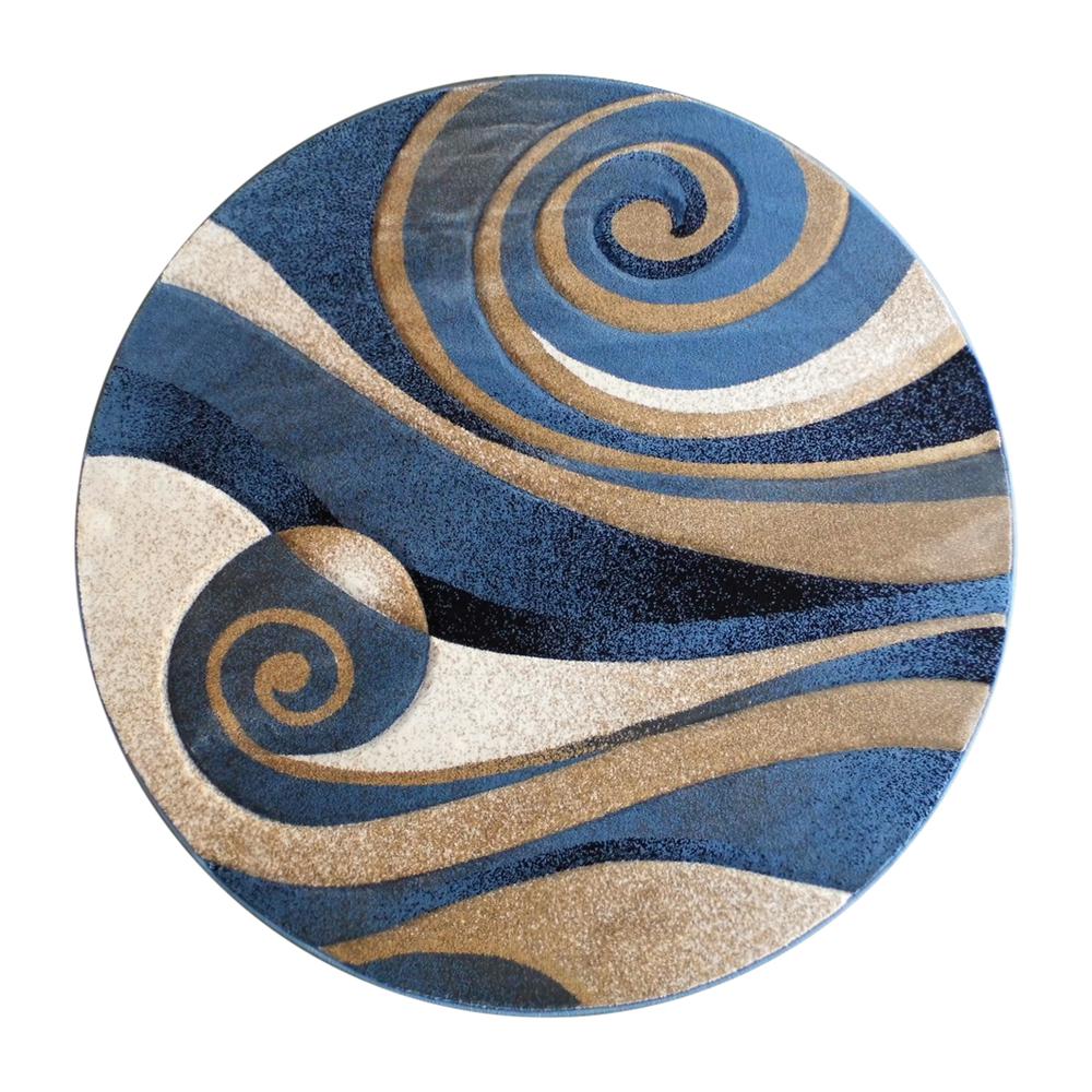 Coterie Collection 8' x 8' Round Modern Circular Patterned Indoor Area Rug - Blue and Beige Olefin Fibers with Jute Backing. Picture 1