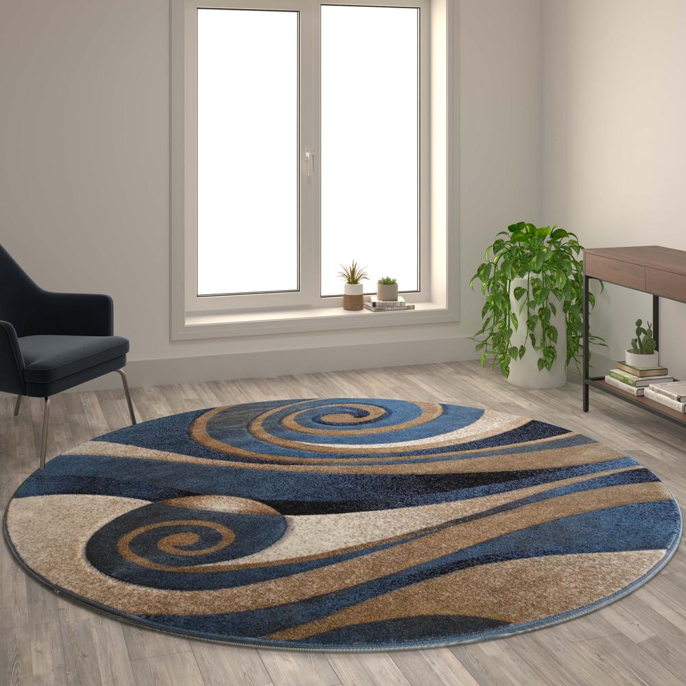 Coterie Collection 8' x 8' Round Modern Circular Patterned Indoor Area Rug - Blue and Beige Olefin Fibers with Jute Backing. Picture 2