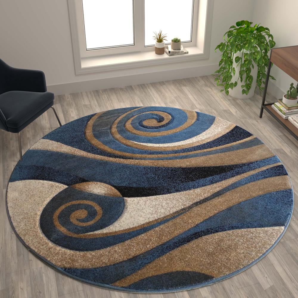 Coterie Collection 8' x 8' Round Modern Circular Patterned Indoor Area Rug - Blue and Beige Olefin Fibers with Jute Backing. Picture 5