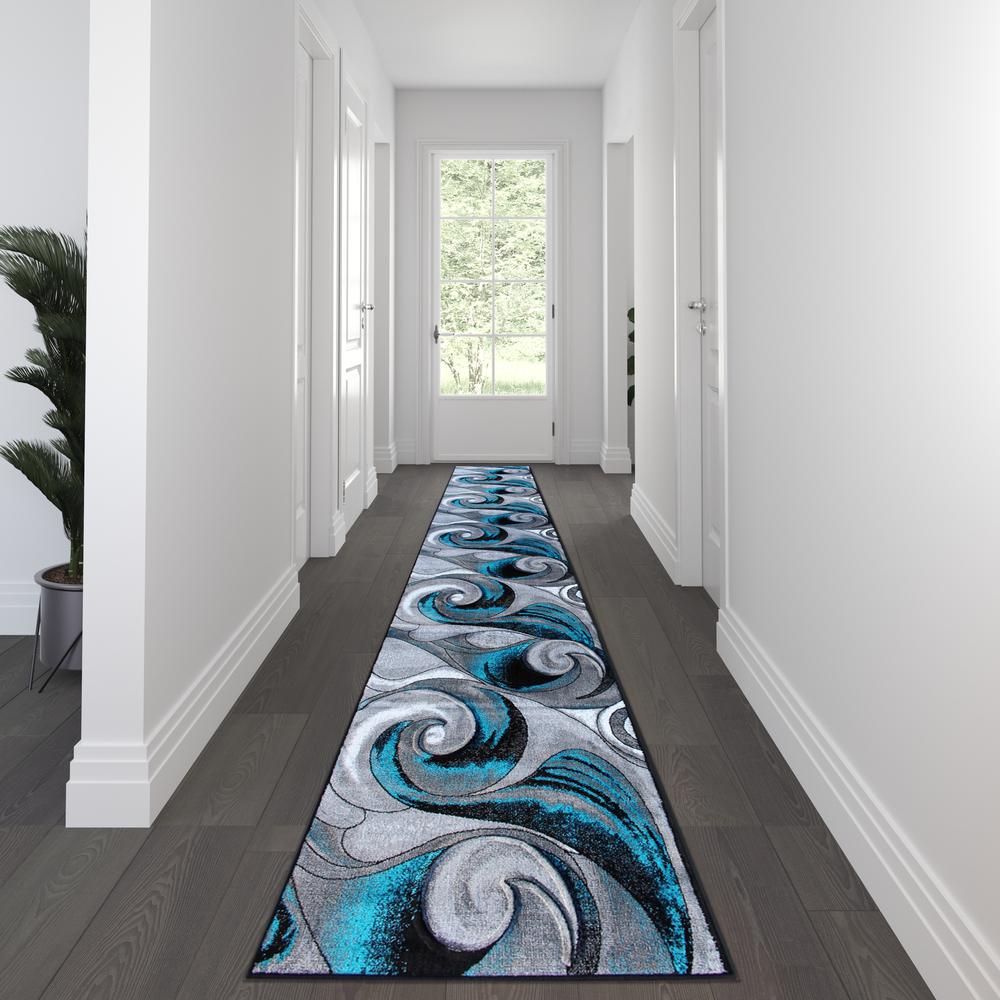 3' x 15' Olefin Turquoise Ocean Waves Pattern Area Rug. Picture 2