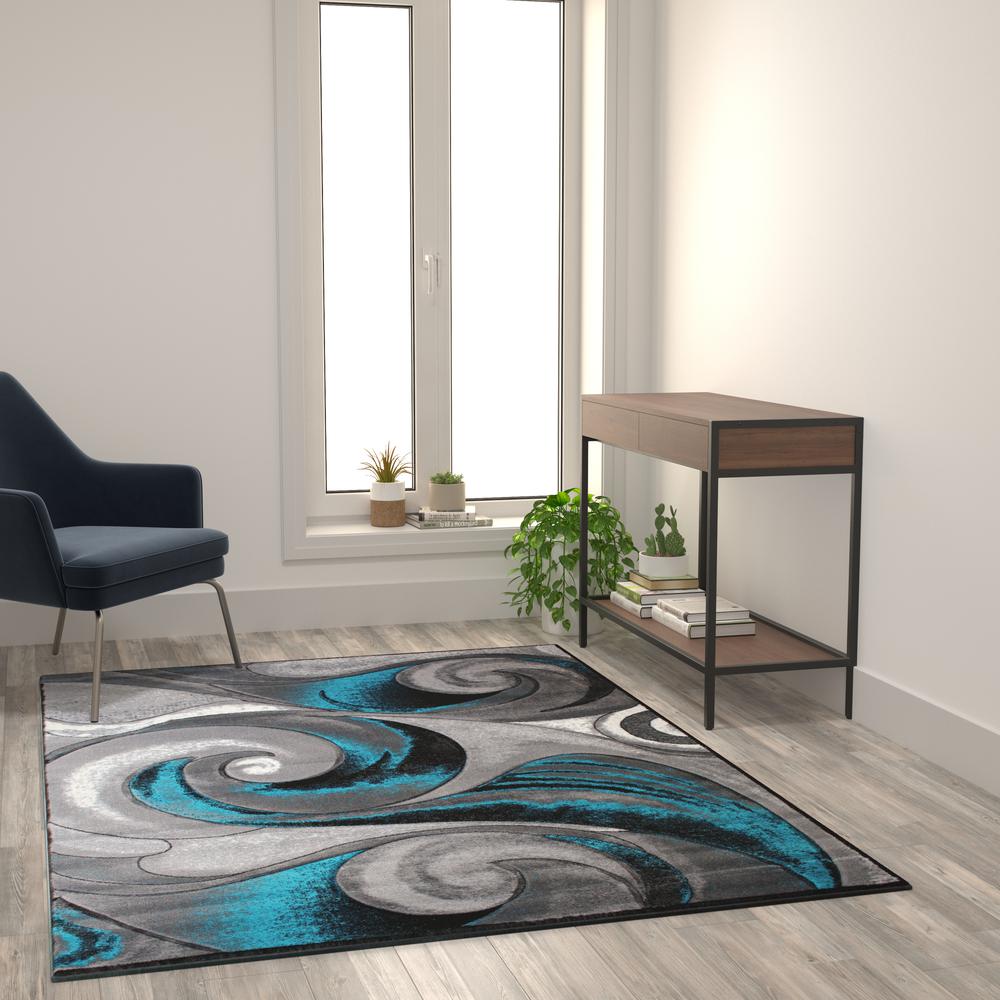 5' x 7' Olefin Turquoise Ocean Waves Pattern Area Rug. Picture 2