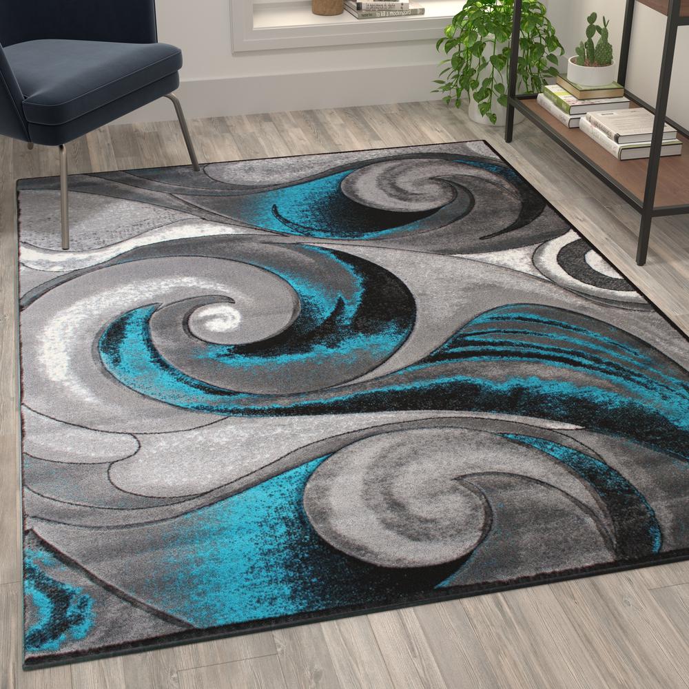 5' x 7' Olefin Turquoise Ocean Waves Pattern Area Rug. Picture 5