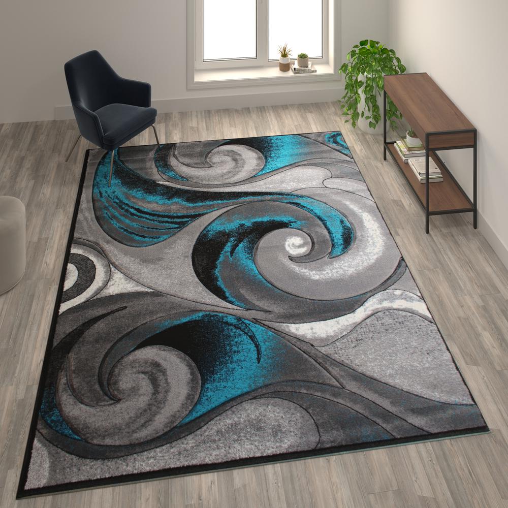 8' x 10' Olefin Turquoise Ocean Waves Pattern Area Rug. Picture 2