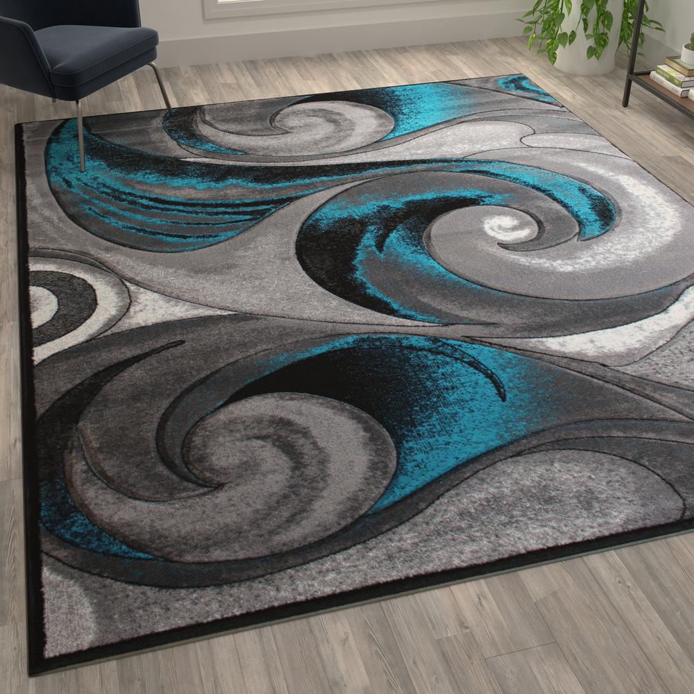 8' x 10' Olefin Turquoise Ocean Waves Pattern Area Rug. Picture 5