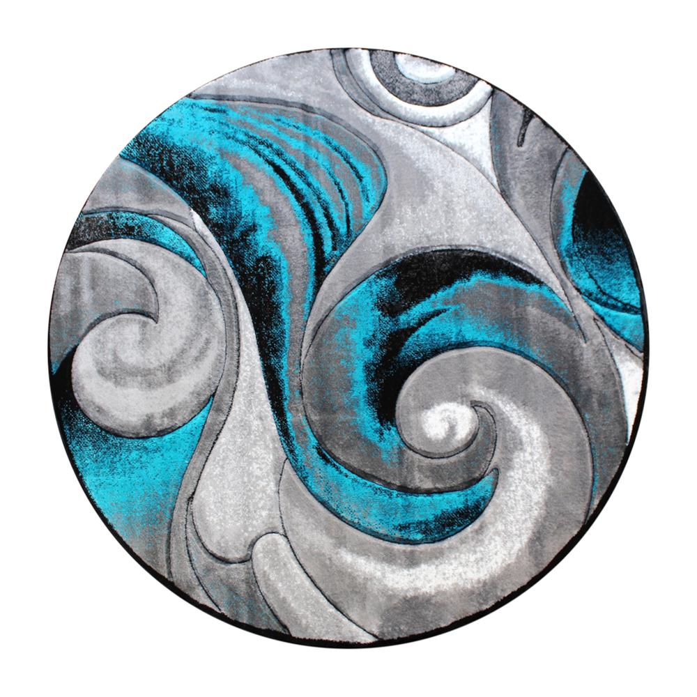 8' x 8' Round Olefin Turquoise Ocean Waves Pattern Area Rug with Jute Backing. Picture 1