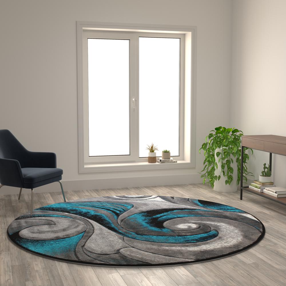 8' x 8' Round Olefin Turquoise Ocean Waves Pattern Area Rug with Jute Backing. Picture 2