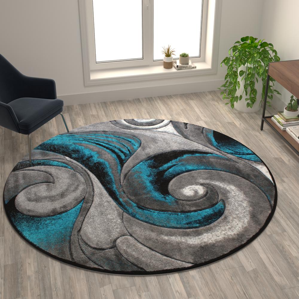 8' x 8' Round Olefin Turquoise Ocean Waves Pattern Area Rug with Jute Backing. Picture 5