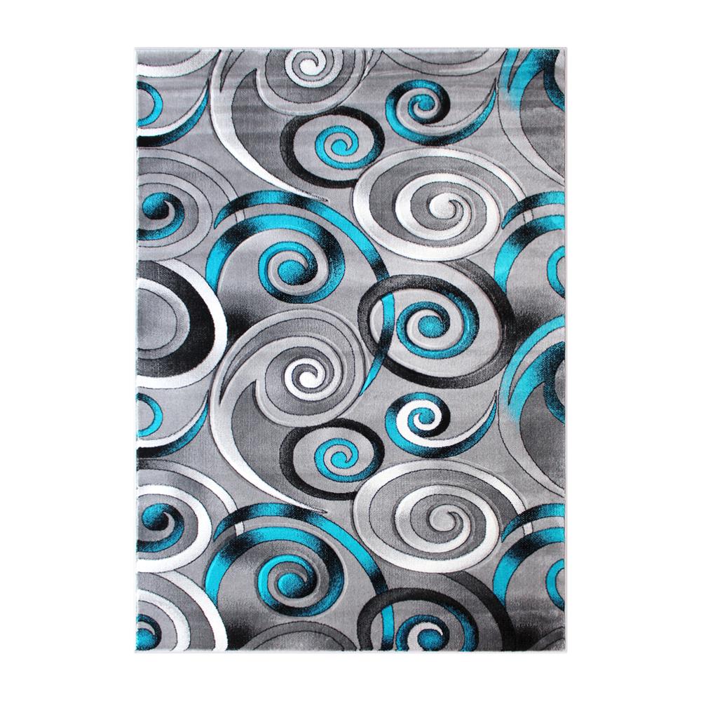 5' x 7' Turquoise Swirl Olefin Area Rug with Jute Backing. Picture 1