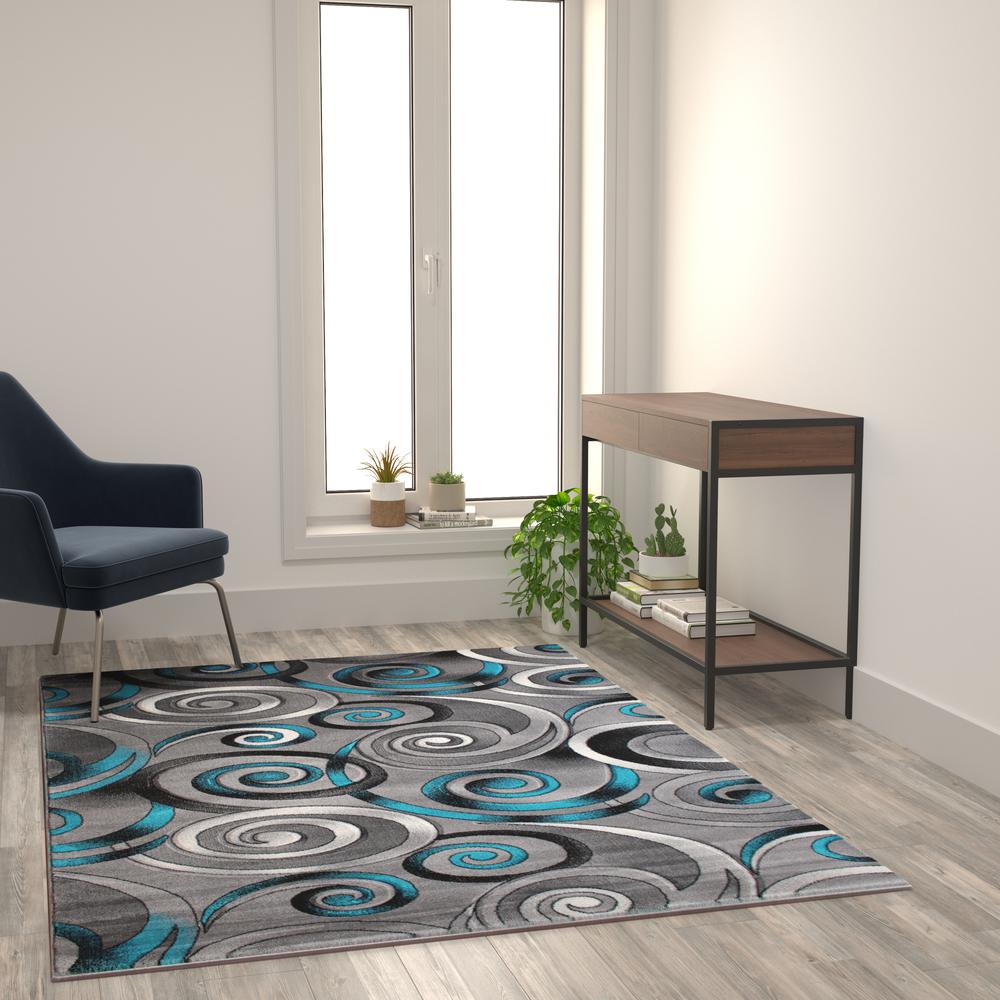 5' x 7' Turquoise Swirl Olefin Area Rug with Jute Backing. Picture 2
