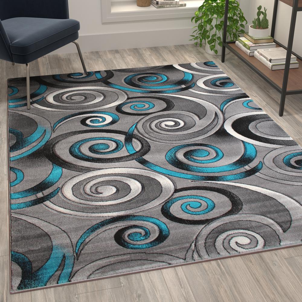 5' x 7' Turquoise Swirl Olefin Area Rug with Jute Backing. Picture 5