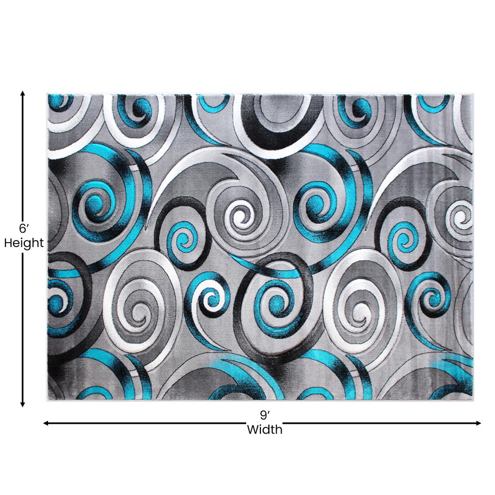Masie Collection 6' x 9' Turquoise Swirl Olefin Area Rug with Jute Backing - Entryway, Living Room, Bedroom. Picture 4