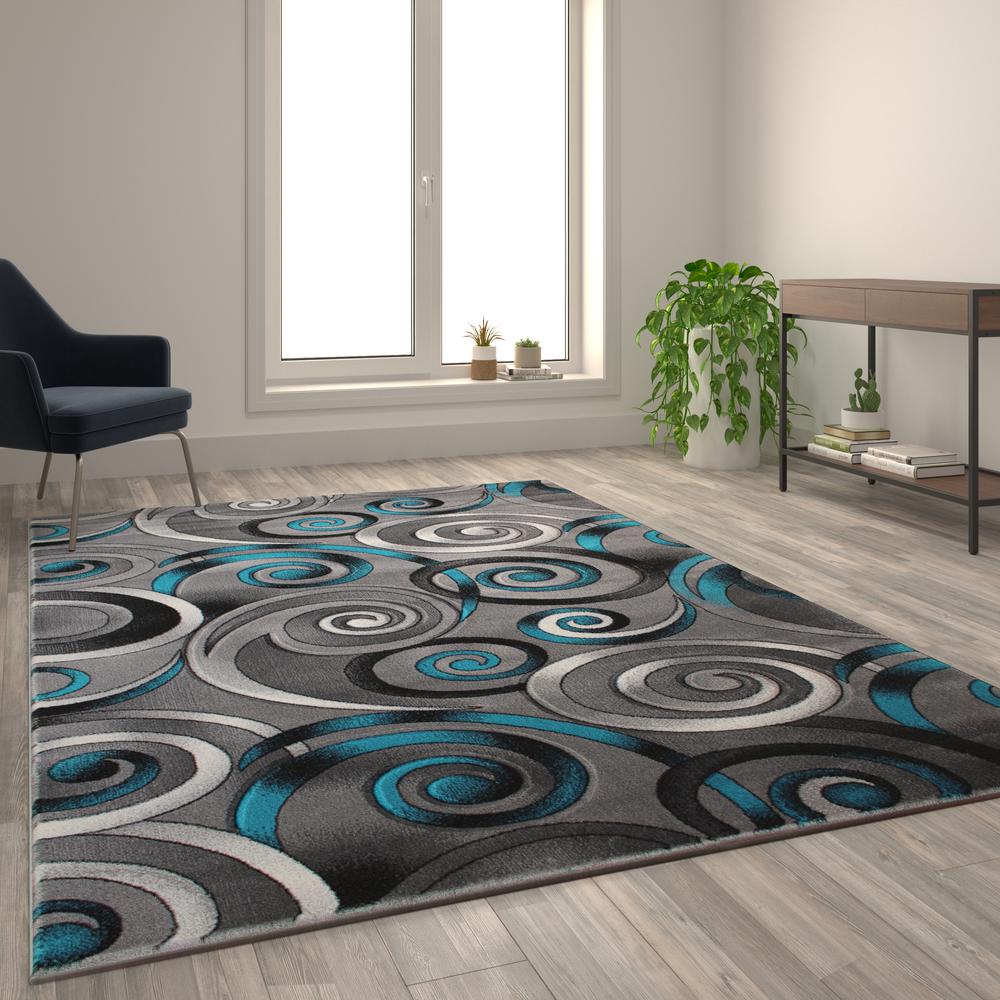 Masie Collection 6' x 9' Turquoise Swirl Olefin Area Rug with Jute Backing - Entryway, Living Room, Bedroom. Picture 2