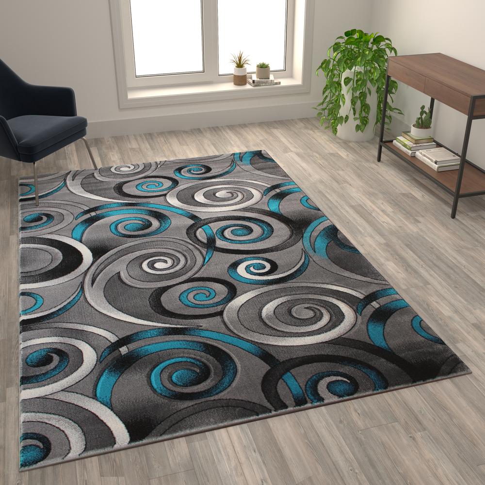 Masie Collection 6' x 9' Turquoise Swirl Olefin Area Rug with Jute Backing - Entryway, Living Room, Bedroom. Picture 5