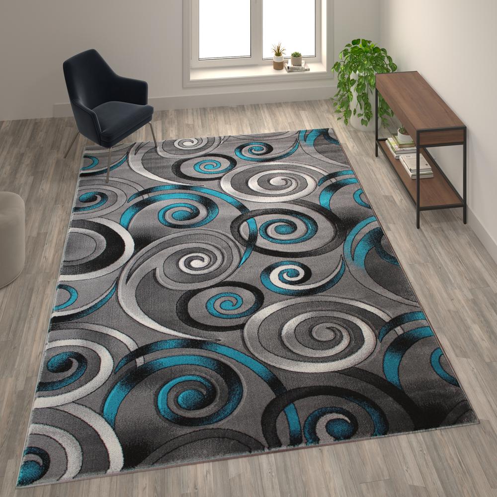 8' x 10' Turquoise Swirl Olefin Area Rug with Jute Backing. Picture 2