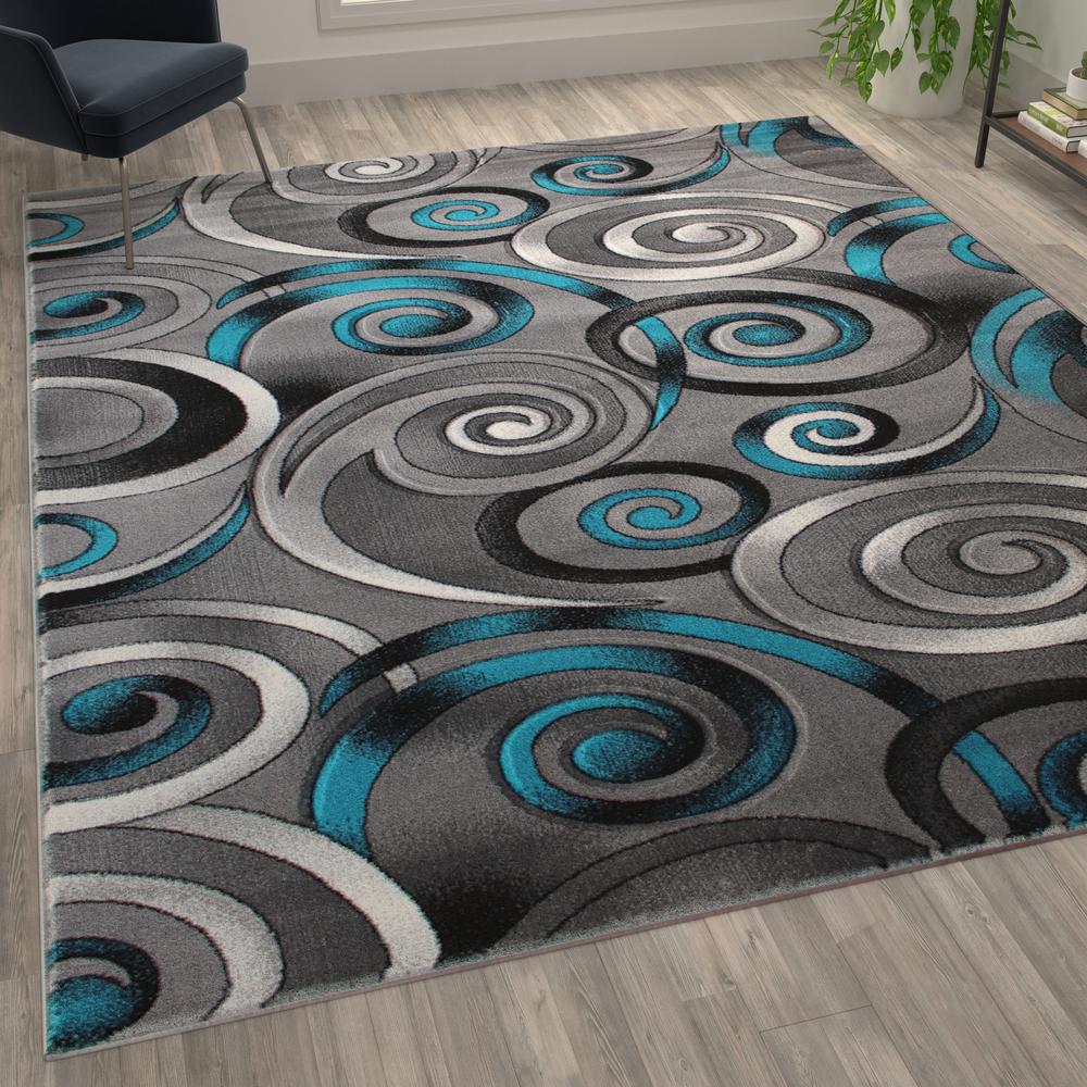 8' x 10' Turquoise Swirl Olefin Area Rug with Jute Backing. Picture 5