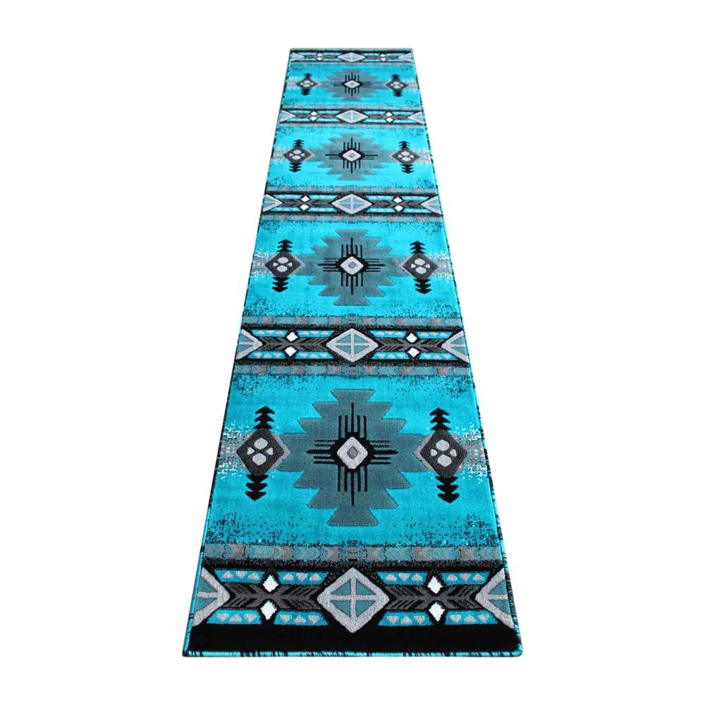 2' x 11' Turquoise Traditional Southwestern Area Rug - Olefin Fibers. Picture 1