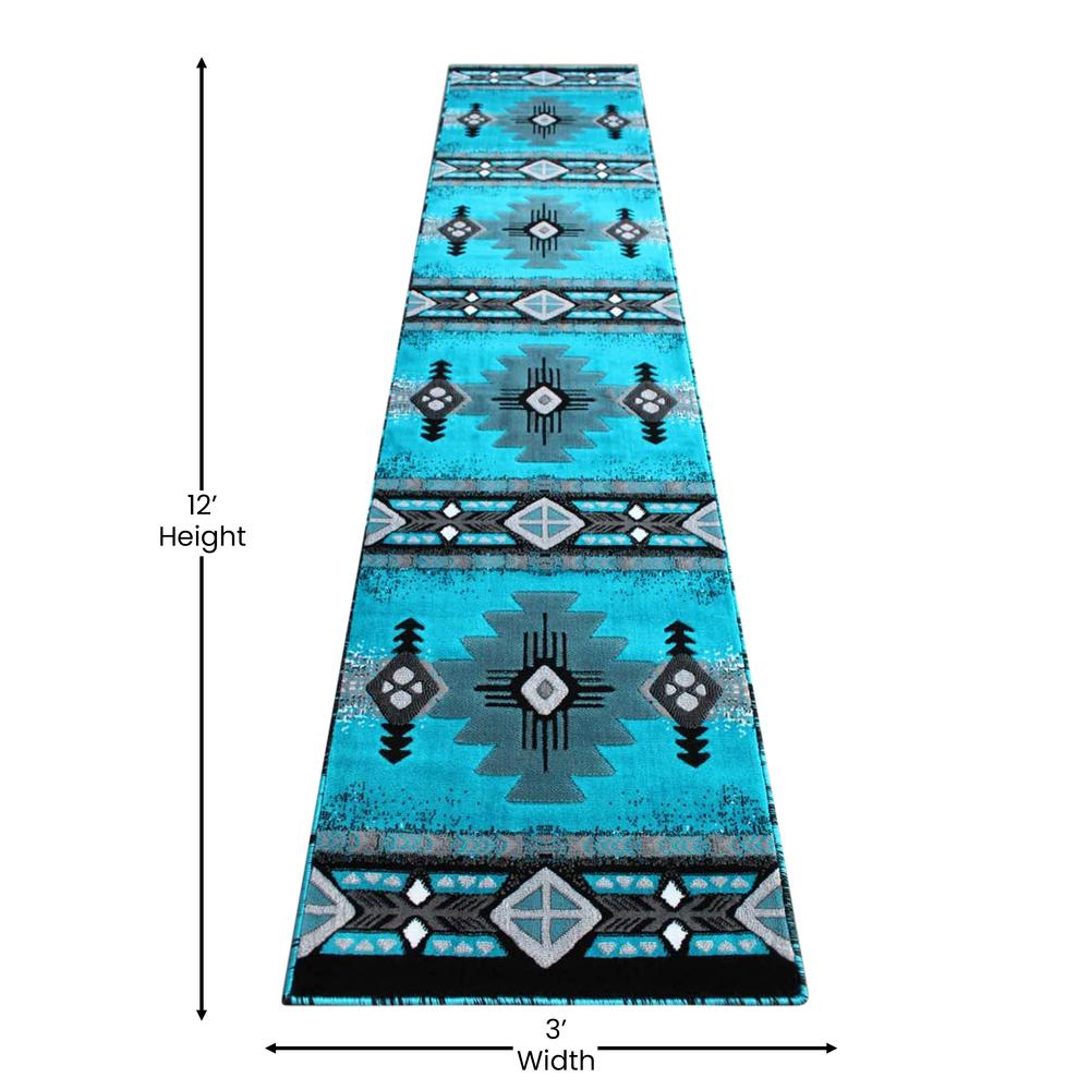 2' x 11' Turquoise Traditional Southwestern Area Rug - Olefin Fibers. Picture 4