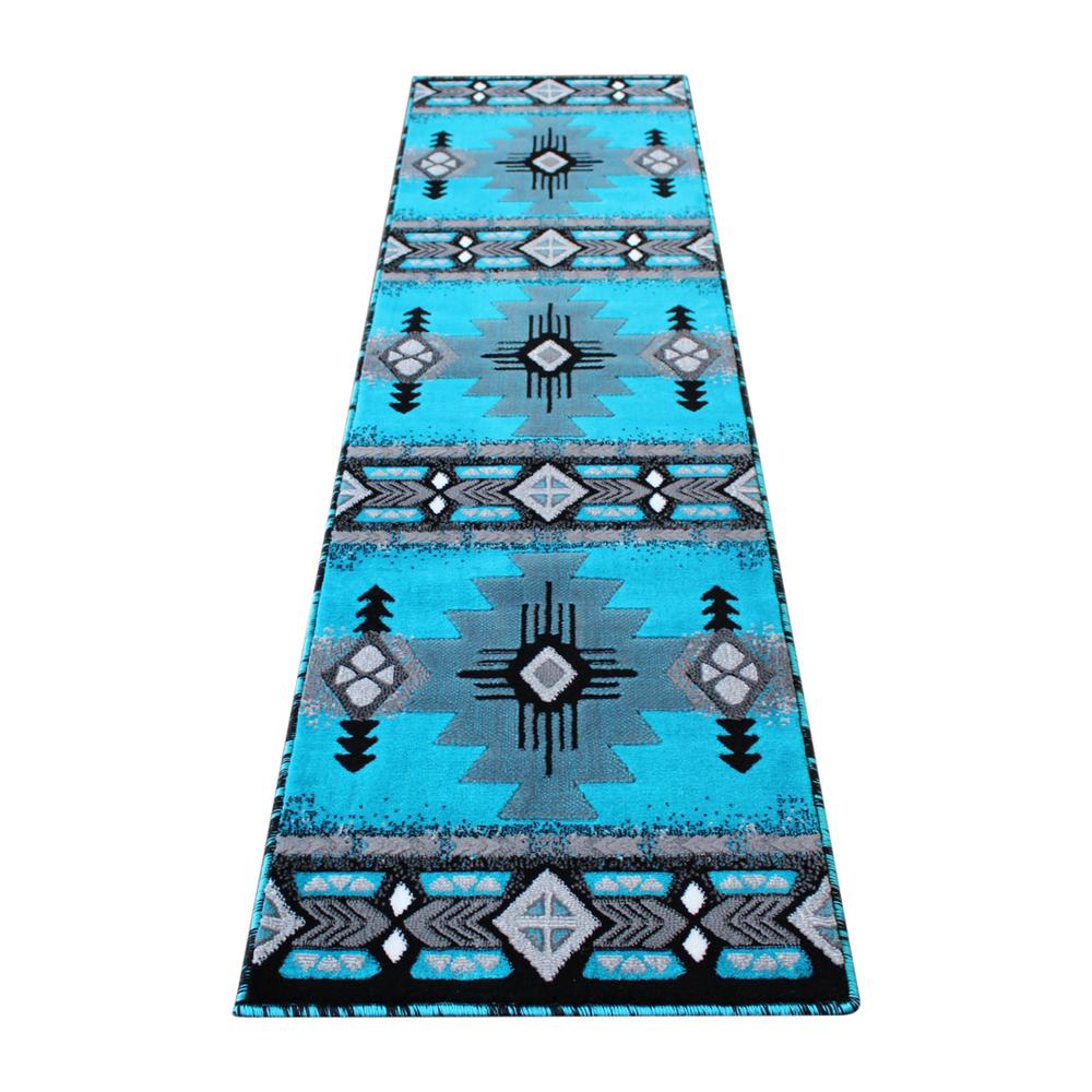 Mohave Collection 2' x 7' Turquoise Traditional Southwestern Style Area Rug - Olefin Fibers with Jute Backing. Picture 1