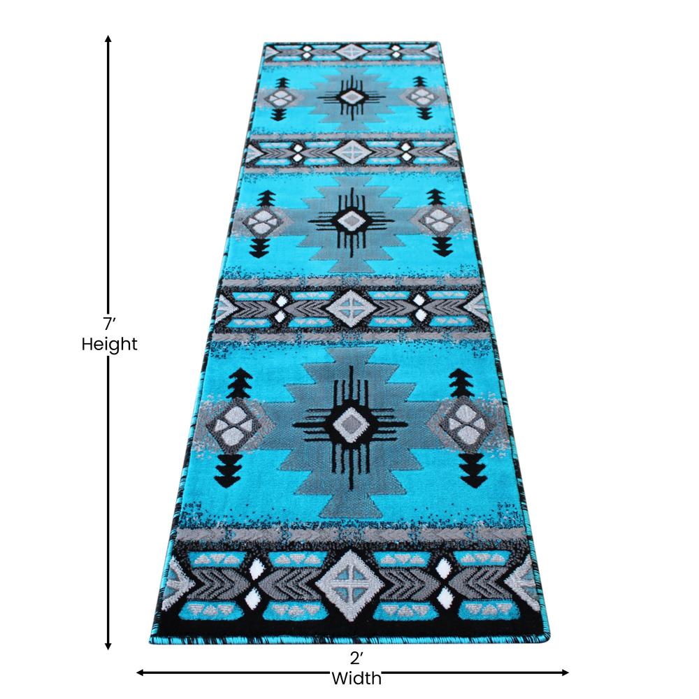 Mohave Collection 2' x 7' Turquoise Traditional Southwestern Style Area Rug - Olefin Fibers with Jute Backing. Picture 4