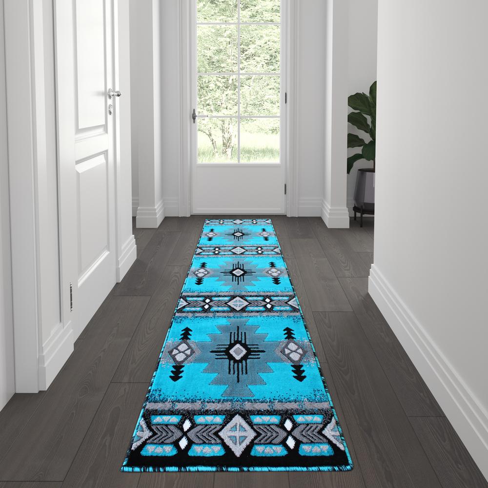 Mohave Collection 2' x 7' Turquoise Traditional Southwestern Style Area Rug - Olefin Fibers with Jute Backing. Picture 2