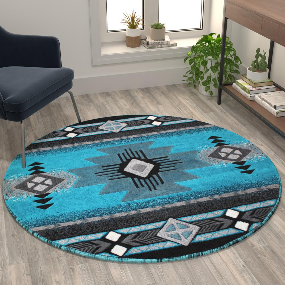 5' x 5' Turquoise Traditional Southwestern Area Rug - Olefin Fibers. Picture 5