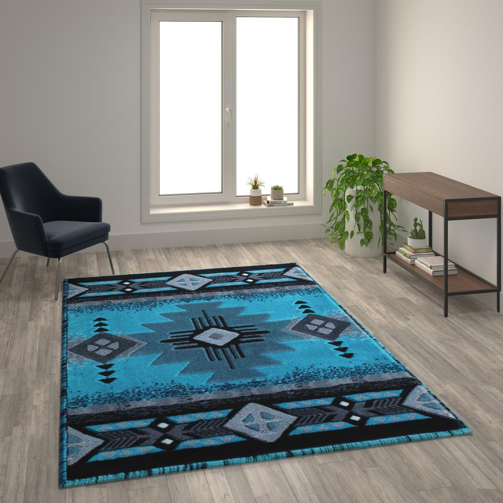 6' x 9' Turquoise Traditional Southwestern Area Rug - Olefin Fibers. Picture 2