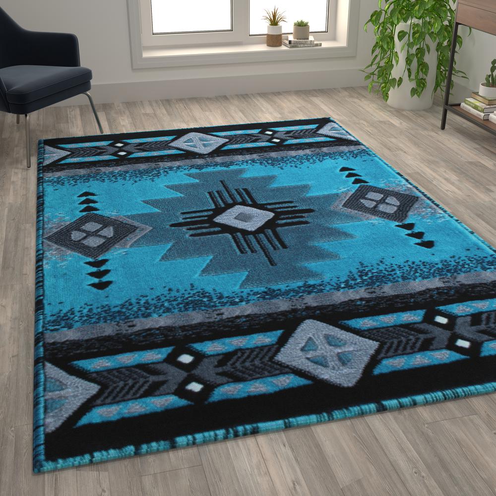 6' x 9' Turquoise Traditional Southwestern Area Rug - Olefin Fibers. Picture 5