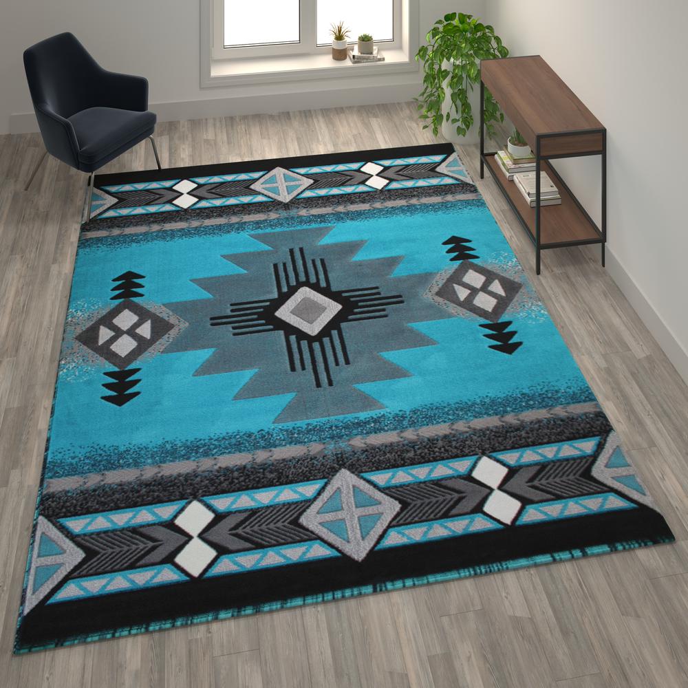 8' x 10' Turquoise Traditional Southwestern Area Rug - Olefin Fibers. Picture 2