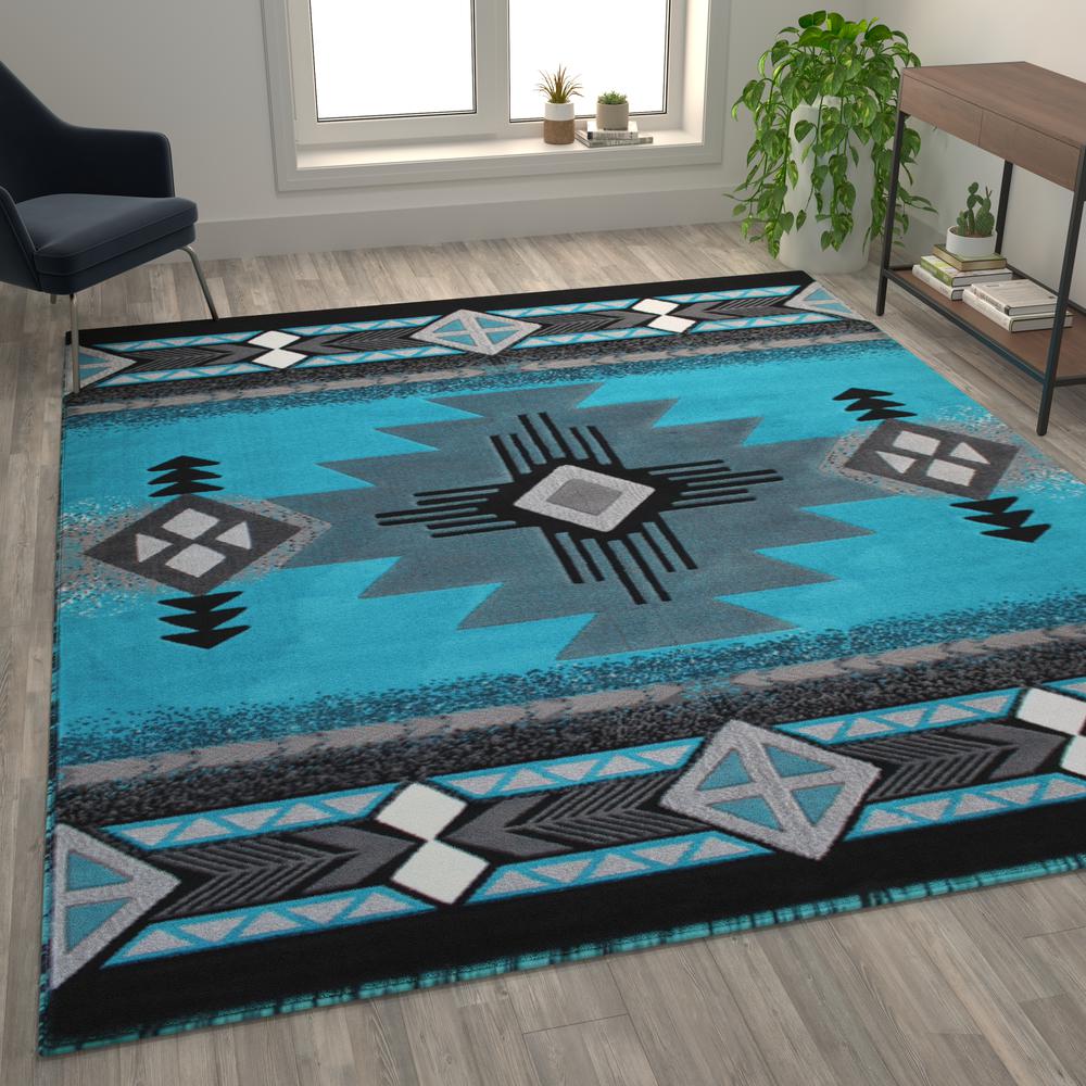 8' x 10' Turquoise Traditional Southwestern Area Rug - Olefin Fibers. Picture 5