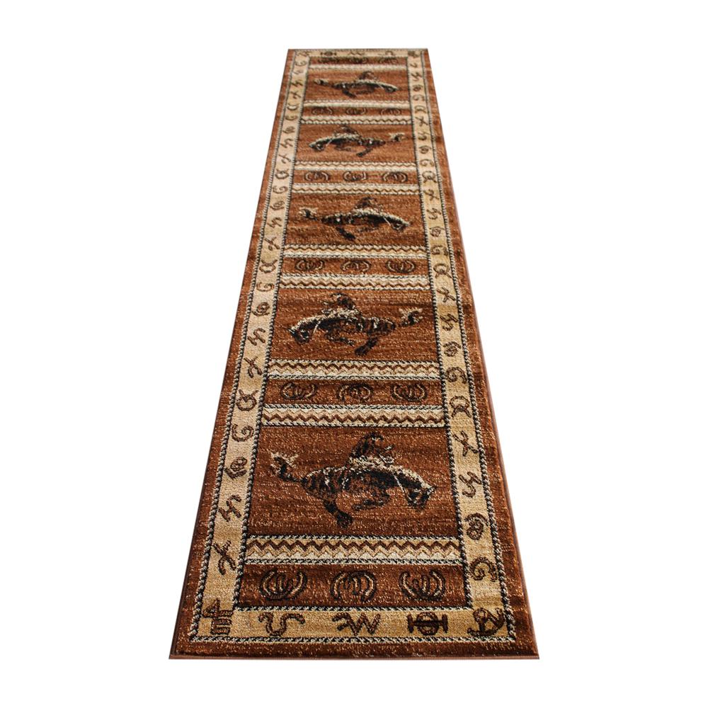 Hoytt Collection Brown 2' x 11'  Bucking Bronco Cowboy Area Rug with Jute Backing for Indoor Use. Picture 1
