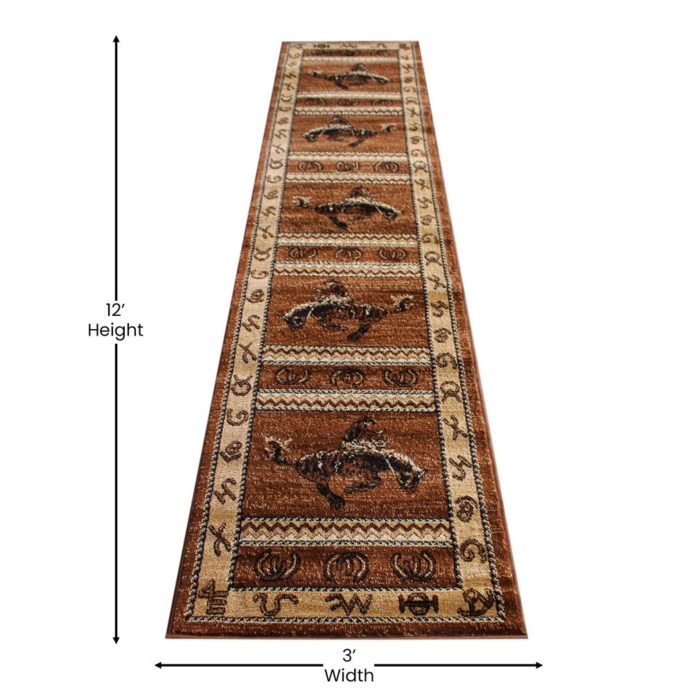 Hoytt Collection Brown 2' x 11'  Bucking Bronco Cowboy Area Rug with Jute Backing for Indoor Use. Picture 4