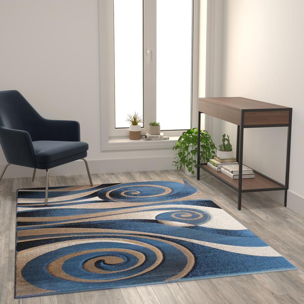 5' x 7' Circular Area Rug - Blue and Beige Olefin Fibers with Jute Backing. Picture 2