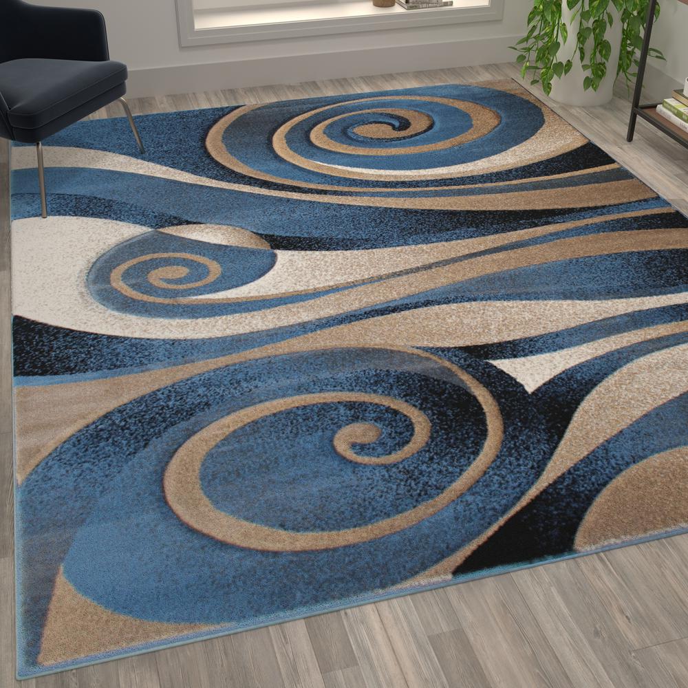 5' x 7' Circular Area Rug - Blue and Beige Olefin Fibers with Jute Backing. Picture 5