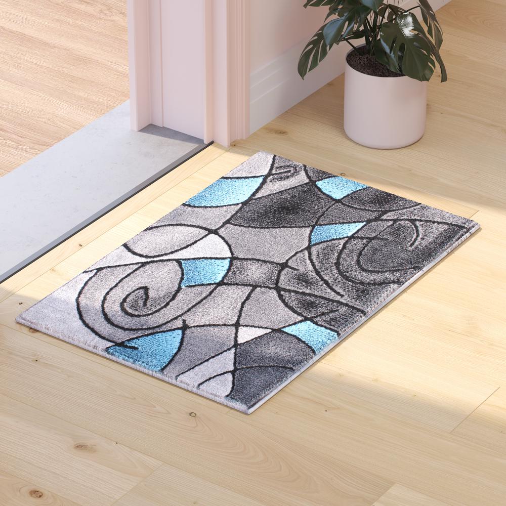 Jubilee Collection 2' x 3' Blue Abstract Pattern Area Rug - Olefin Rug with Jute Backing for Hallway, Entryway, or Bedroom. Picture 2