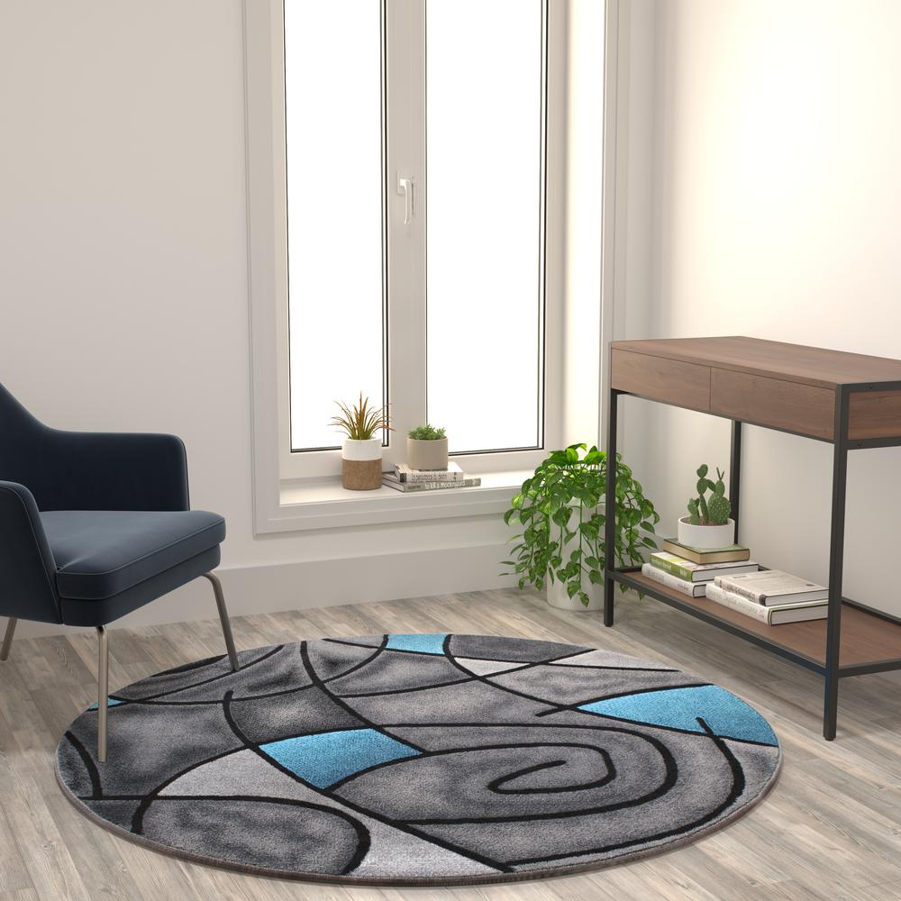 5' x 5' Round Blue Abstract Area Rug - Olefin Rug. Picture 2
