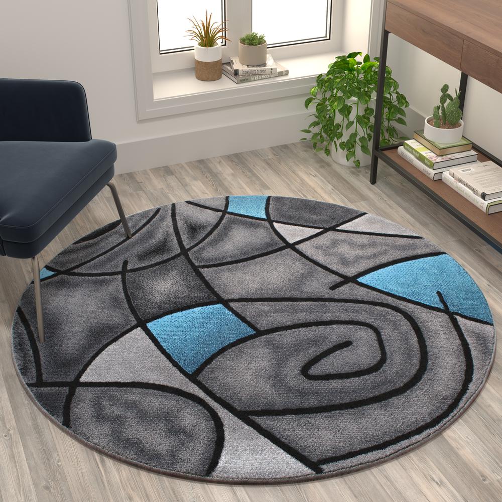 5' x 5' Round Blue Abstract Area Rug - Olefin Rug. Picture 5