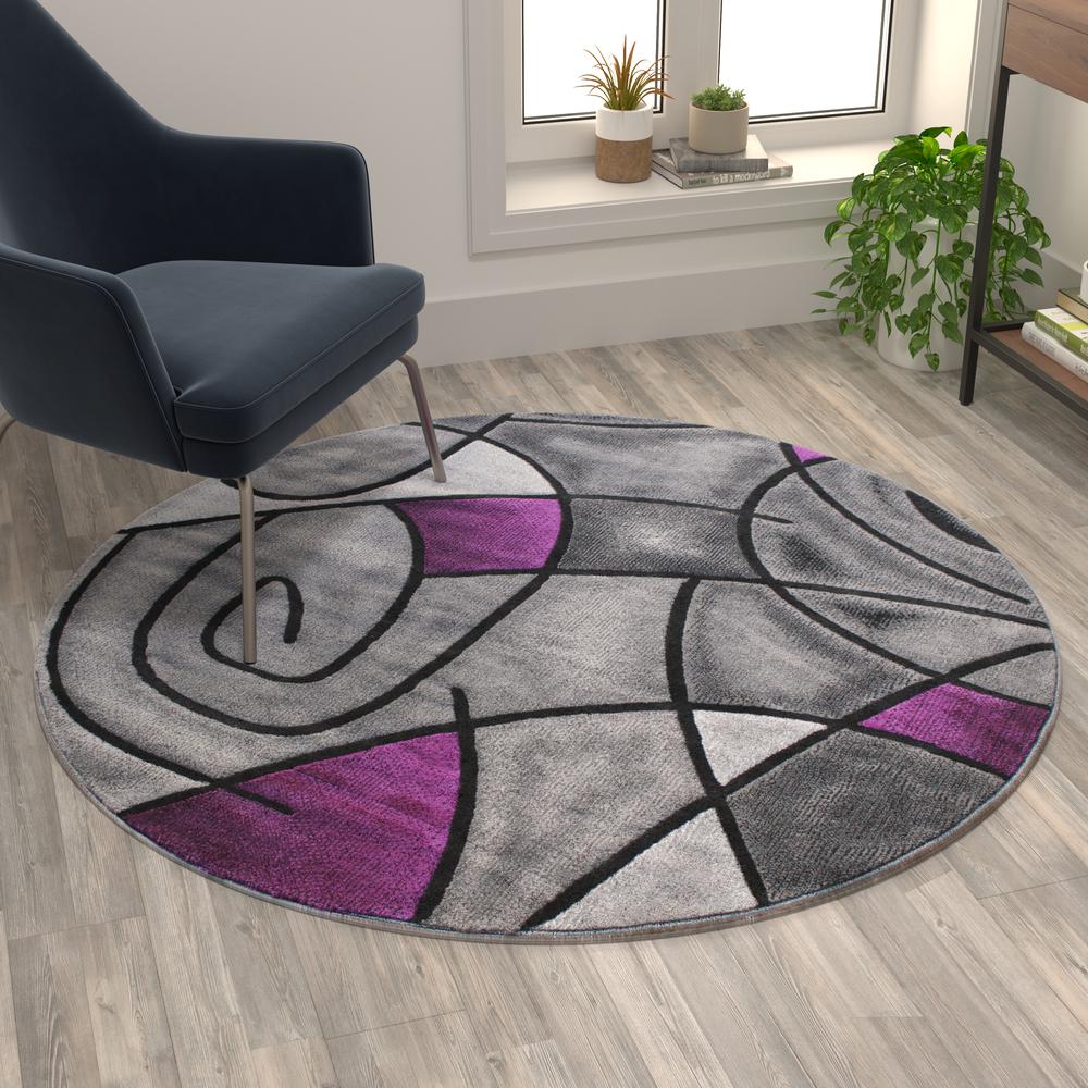 5' x 5' Round Purple Abstract Area Rug - Olefin Rug. Picture 2
