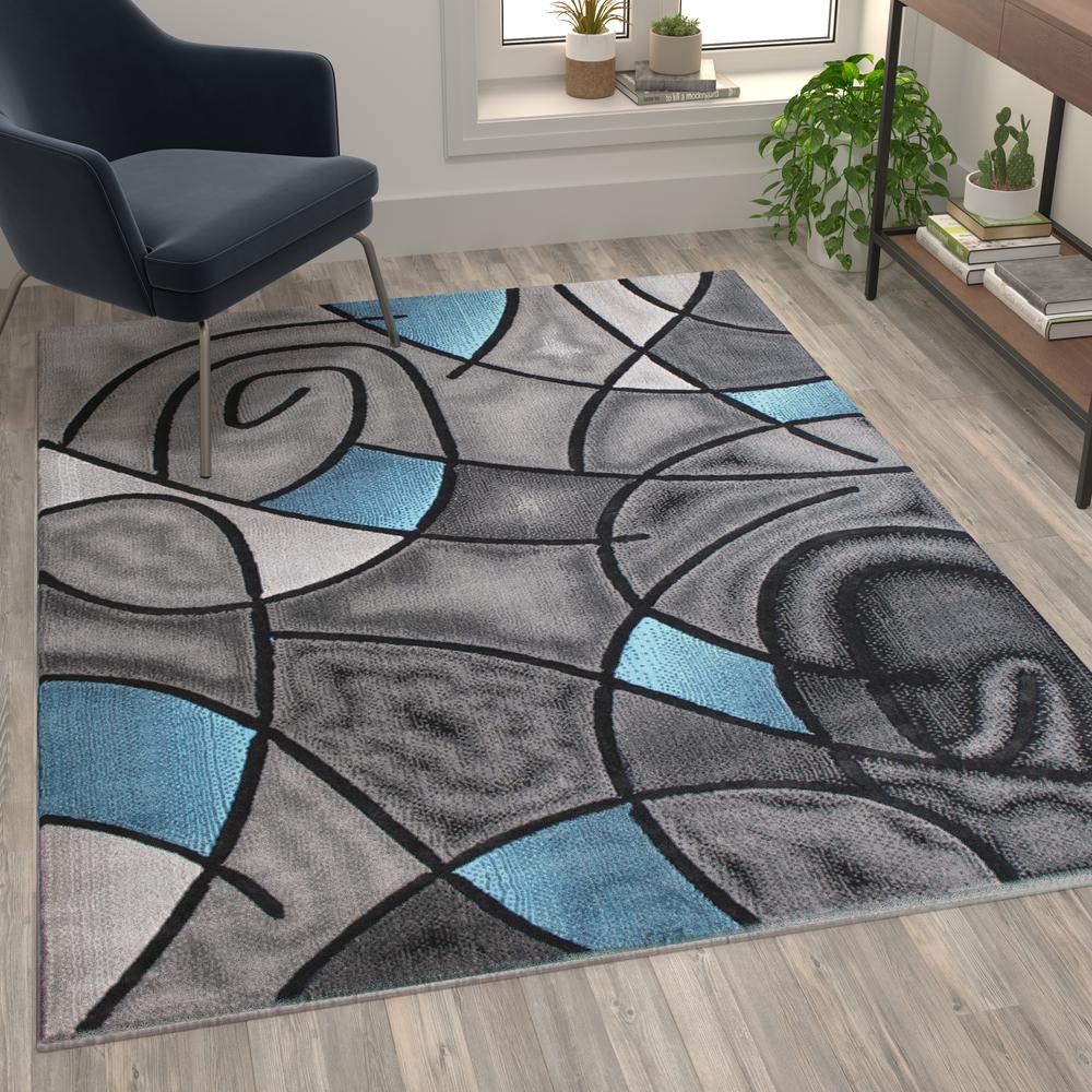 Jubilee Collection 5' x 7' Blue Abstract Area Rug - Olefin Rug with Jute Backing - Living Room, Bedroom, & Family Room. Picture 2