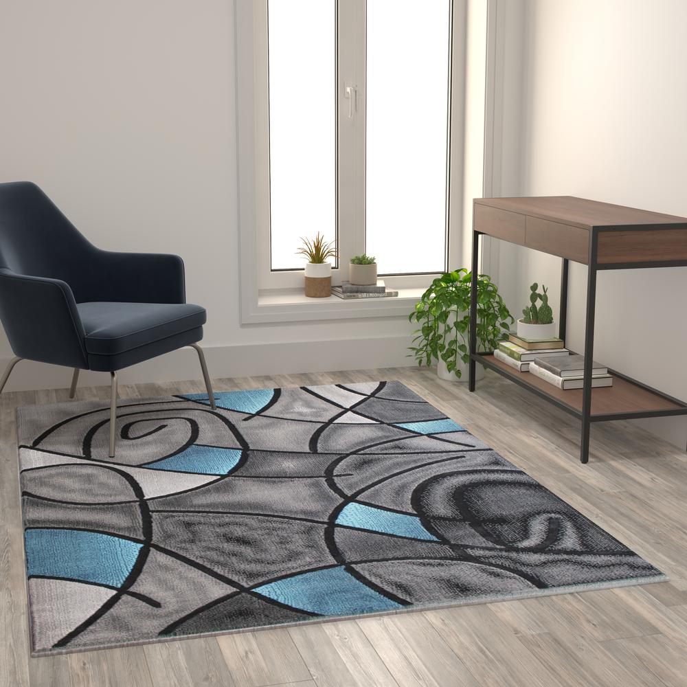 Jubilee Collection 5' x 7' Blue Abstract Area Rug - Olefin Rug with Jute Backing - Living Room, Bedroom, & Family Room. Picture 5