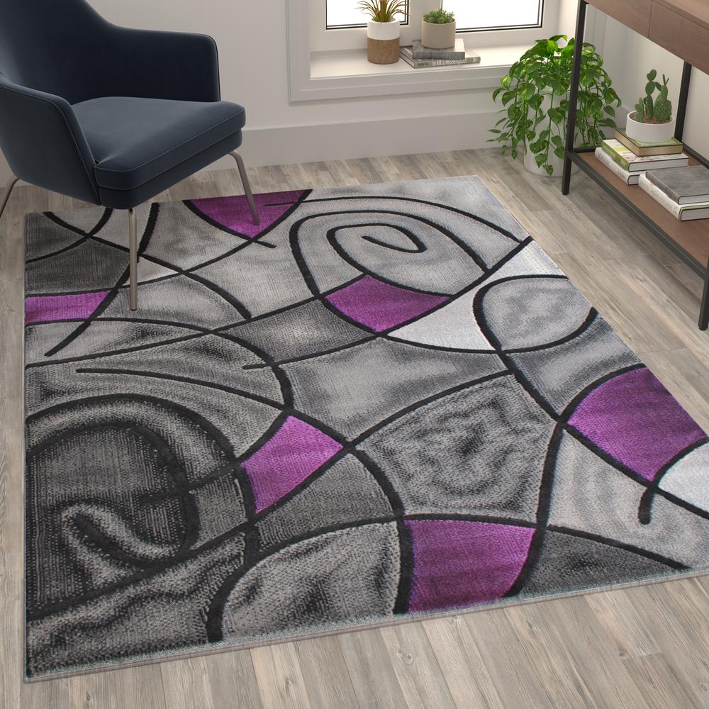 Jubilee Collection 5' x 7' Purple Abstract Area Rug - Olefin Rug with Jute Backing - Living Room, Bedroom, & Family Room. Picture 2