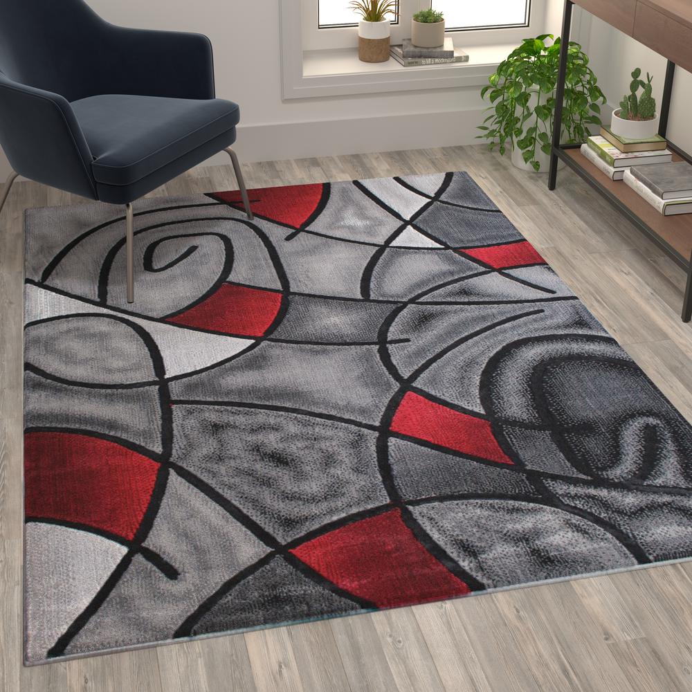 5' x 7' Red Abstract Area Rug - Olefin Rug - Living Room, Bedroom,, Family Room. Picture 2