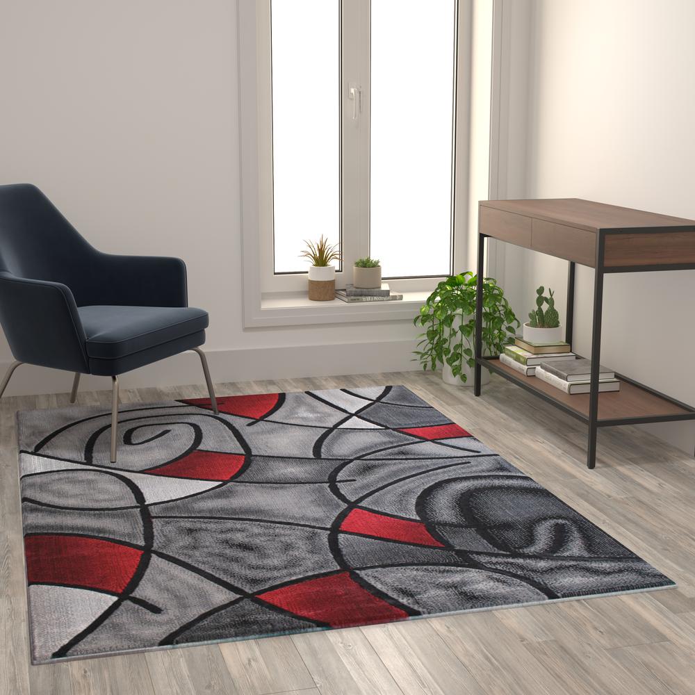 5' x 7' Red Abstract Area Rug - Olefin Rug - Living Room, Bedroom,, Family Room. Picture 5