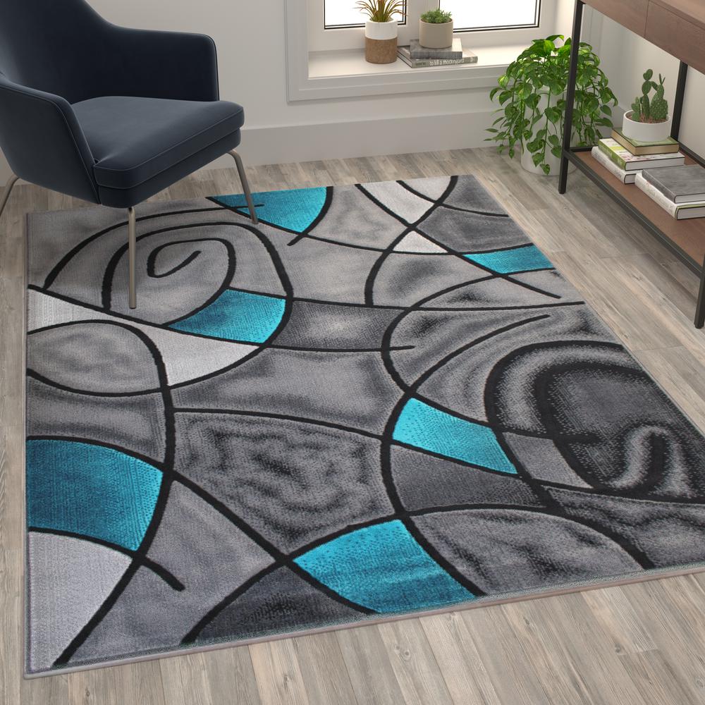 Jubilee Collection 5' x 7' Turquoise Abstract Area Rug - Olefin Rug with Jute Backing - Living Room, Bedroom, & Family Room. Picture 2