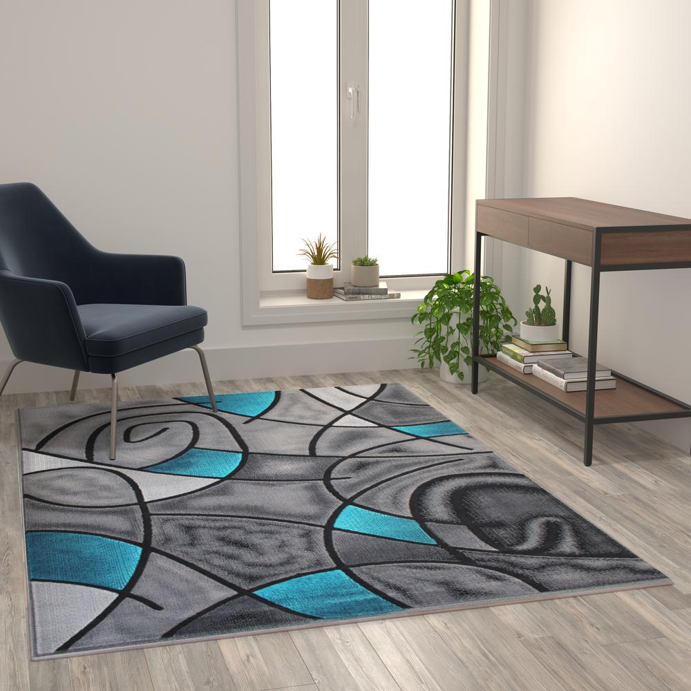 Jubilee Collection 5' x 7' Turquoise Abstract Area Rug - Olefin Rug with Jute Backing - Living Room, Bedroom, & Family Room. Picture 5