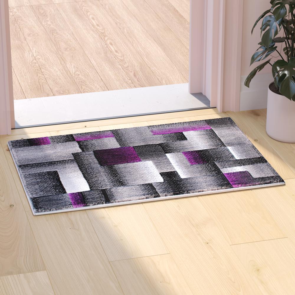 Elio Collection 2' x 3' Purple Color Blocked Area Rug - Olefin Rug with Jute Backing - Entryway, Living Room, or Bedroom. Picture 2