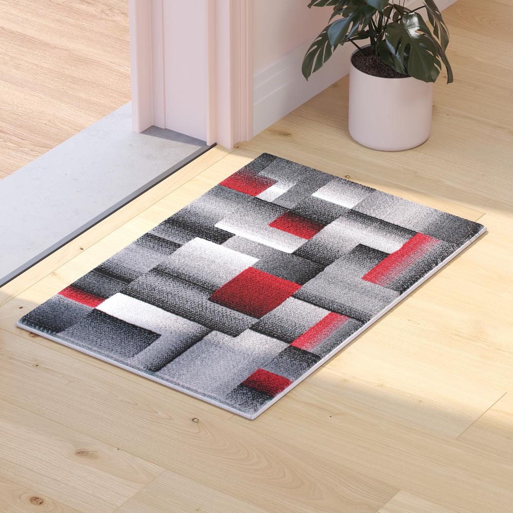 Elio Collection 2' x 3' Red Color Blocked Area Rug - Olefin Rug with Jute Backing - Entryway, Living Room, or Bedroom. Picture 2