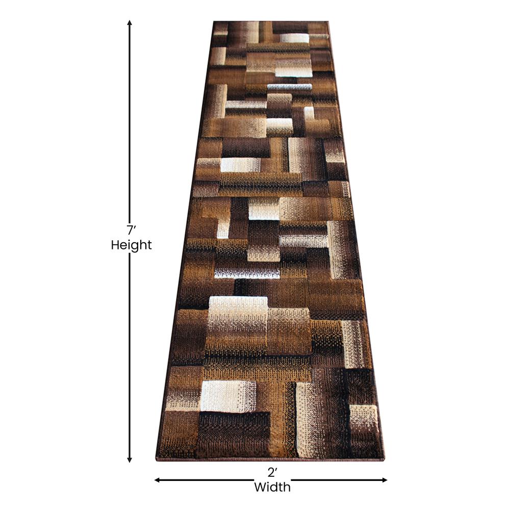 Elio Collection 2' x 7' Chocolate Color Blocked Area Rug - Olefin Rug with Jute Backing - Entryway, Living Room, or Bedroom. Picture 4