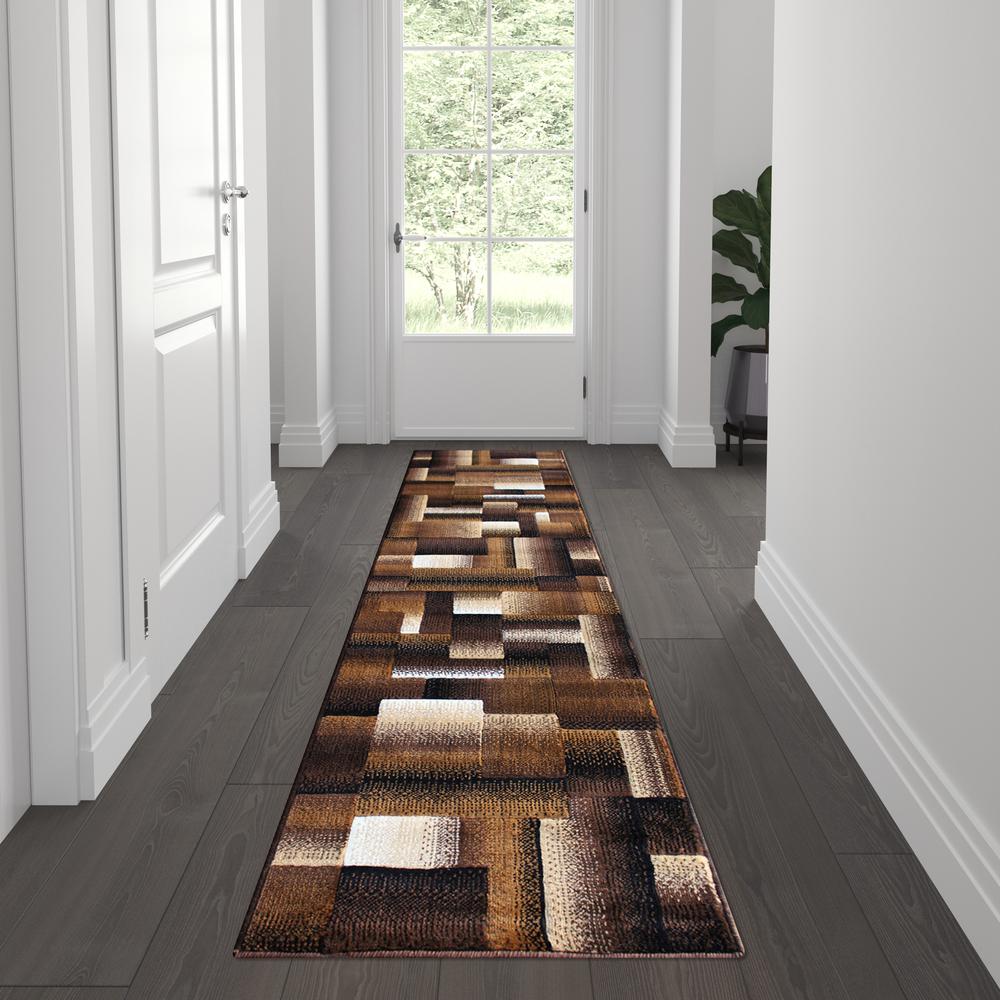 Elio Collection 2' x 7' Chocolate Color Blocked Area Rug - Olefin Rug with Jute Backing - Entryway, Living Room, or Bedroom. Picture 2