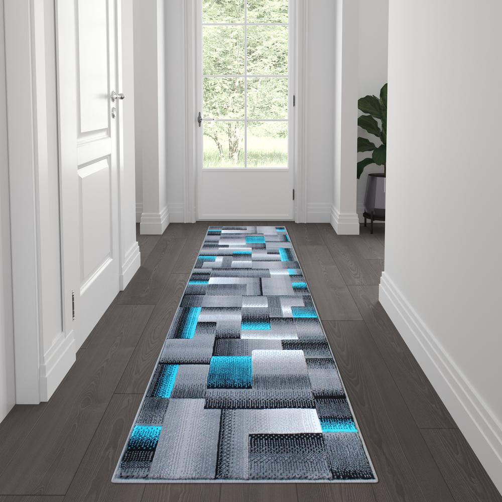 2' x 7' Turquoise Color Blocked Area Rug - Olefin Rug. Picture 2