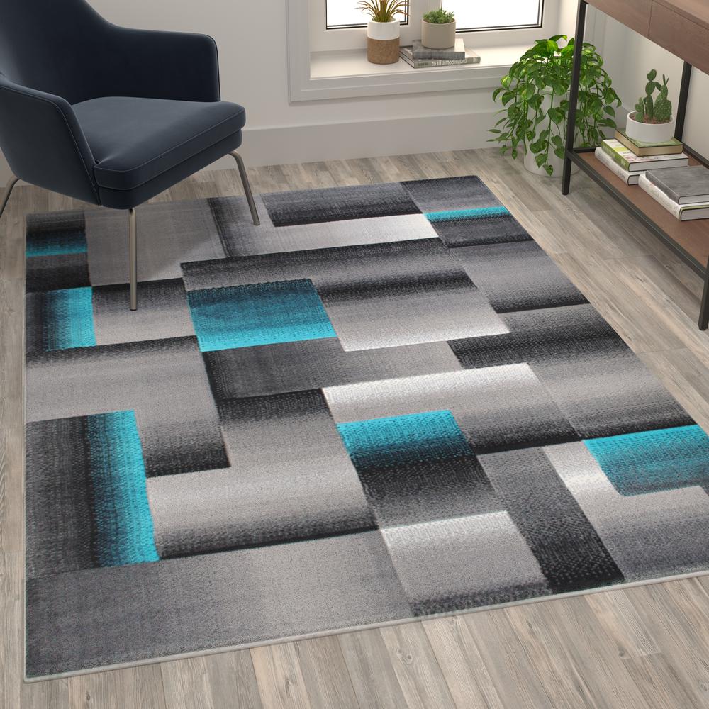 5' x 7' Turquoise Color Blocked Area Rug - Olefin Rug. Picture 2